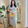 Vestido Midi Plus sem Bojo Malha Manga Muscle Cinza - Fernanda Ramos Store