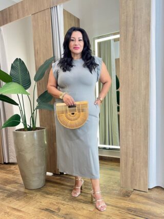 Vestido Midi Plus sem Bojo Malha Manga Muscle Cinza - Fernanda Ramos Store