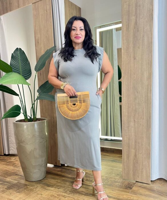 Vestido Midi Plus sem Bojo Malha Manga Muscle Cinza - Fernanda Ramos Store