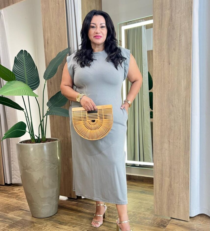 Vestido Midi Plus sem Bojo Malha Manga Muscle Cinza - Fernanda Ramos Store