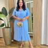 Vestido Midi Plus sem Bojo Manga 3/4 Detalhe em Botões Azul - Fernanda Ramos Store
