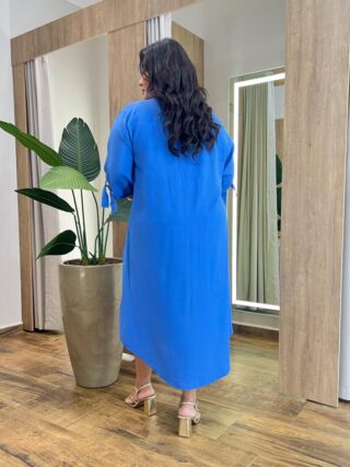 Vestido Midi Plus sem Bojo Manga 3/4 e Amarração Azul - Fernanda Ramos Store