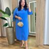 Vestido Midi Plus sem Bojo Manga 3/4 e Amarração Azul - Fernanda Ramos Store