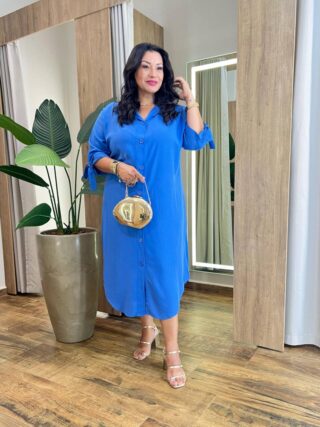 Vestido Midi Plus sem Bojo Manga 3/4 e Amarração Azul - Fernanda Ramos Store