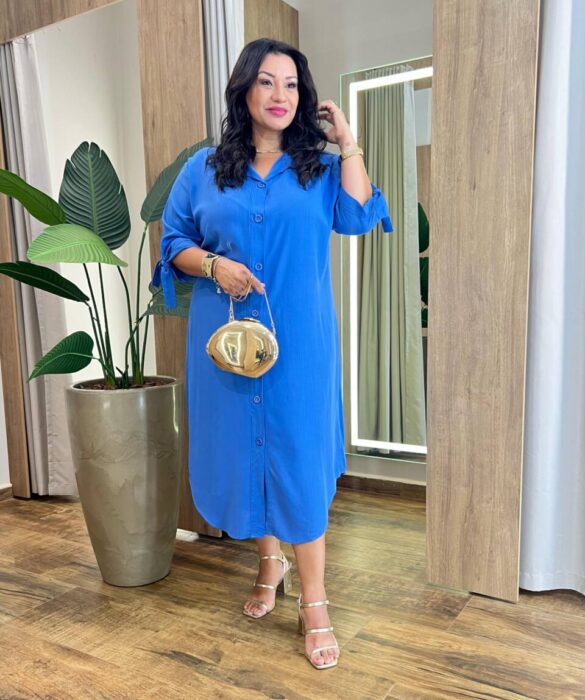 Vestido Midi Plus sem Bojo Manga 3/4 e Amarração Azul - Fernanda Ramos Store