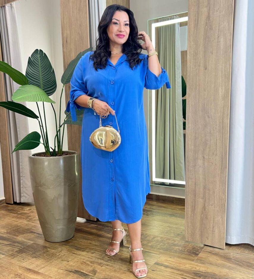 Vestido Midi Plus sem Bojo Manga 3/4 e Amarração Azul - Fernanda Ramos Store
