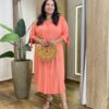 Vestido Midi Plus sem Bojo Manga 3/4 e Amarração Coral - Fernanda Ramos Store