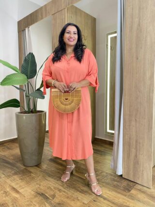 Vestido Midi Plus sem Bojo Manga 3/4 e Amarração Coral - Fernanda Ramos Store