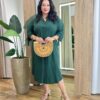 Vestido Midi Plus sem Bojo Manga 3/4 e Amarração Verde Escuro - Fernanda Ramos Store