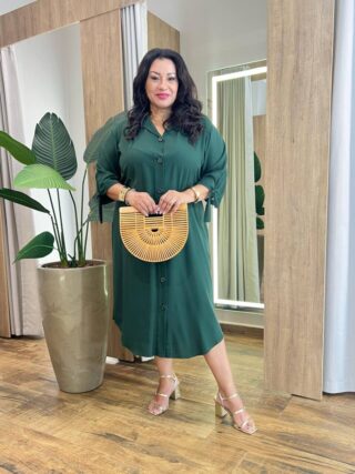 Vestido Midi Plus sem Bojo Manga 3/4 e Amarração Verde Escuro - Fernanda Ramos Store