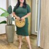 Vestido Midi Plus sem Bojo Manga Curta Canelado Verde Militar - Fernanda Ramos Store