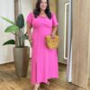 Vestido Midi Plus sem Bojo Manga Curta Detalhe no Busto Rosa - Fernanda Ramos Store