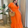 Vestido Midi Plus sem Bojo Manga Curta em Camadas Coral - Fernanda Ramos Store