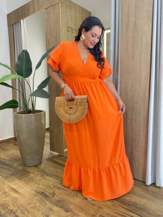 Vestido Midi Plus sem Bojo Manga Curta em Camadas Coral - Fernanda Ramos Store