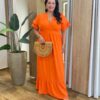Vestido Midi Plus sem Bojo Manga Curta em Camadas Coral - Fernanda Ramos Store