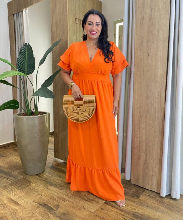 Vestido Midi Plus sem Bojo Manga Curta em Camadas Coral - Fernanda Ramos Store