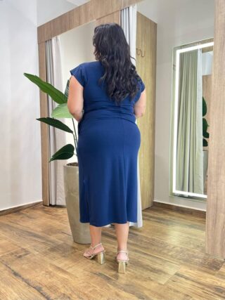 Vestido Midi Plus Sofia sem Bojo Malha Manga Muscle Azul Marinho - Fernanda Ramos Store