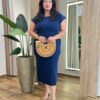 Vestido Midi Plus Sofia sem Bojo Malha Manga Muscle Azul Marinho - Fernanda Ramos Store