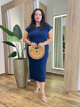 Vestido Midi Plus Sofia sem Bojo Malha Manga Muscle Azul Marinho - Fernanda Ramos Store