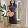 Vestido Midi Plus Sofia sem Bojo Malha Manga Muscle Marrom - Fernanda Ramos Store