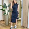 Vestido Midi sem Bojo Canelado Manga Muscle Tee com Bolsos Preto - Fernanda Ramos Store