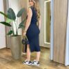 Vestido Midi sem Bojo Canelado Manga Muscle Tee com Bolsos Preto - Fernanda Ramos Store
