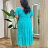 Vestido Midi sem Bojo Plus Manga Longa em Laise Azul Turquesa - Fernanda Ramos Store