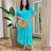Vestido Midi sem Bojo Plus Manga Longa em Laise Azul Turquesa - Fernanda Ramos Store