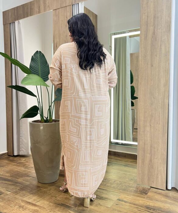 Vestido Midi sem Bojo Plus Manga Longa Estampado Bege - Fernanda Ramos Store