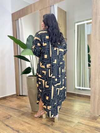 Vestido Midi sem Bojo Plus Manga Longa Estampado Preto - Fernanda Ramos Store