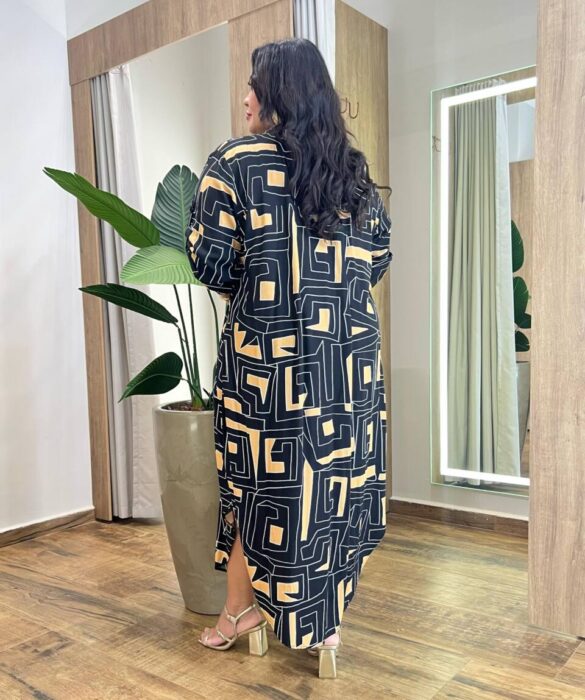 Vestido Midi sem Bojo Plus Manga Longa Estampado Preto - Fernanda Ramos Store