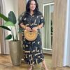 Vestido Midi sem Bojo Plus Manga Longa Estampado Preto - Fernanda Ramos Store