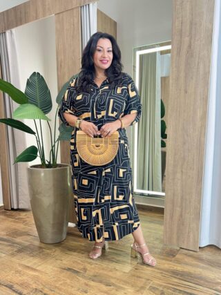 Vestido Midi sem Bojo Plus Manga Longa Estampado Preto - Fernanda Ramos Store