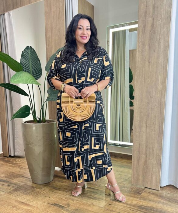 Vestido Midi sem Bojo Plus Manga Longa Estampado Preto - Fernanda Ramos Store