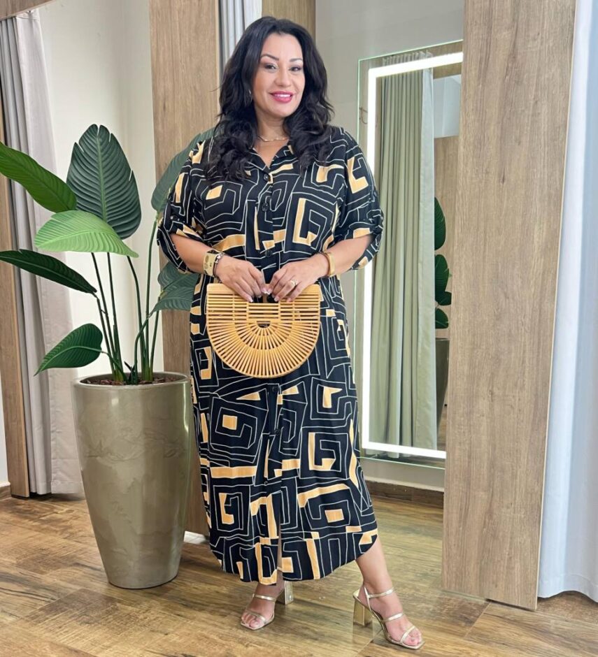 Vestido Midi sem Bojo Plus Manga Longa Estampado Preto - Fernanda Ramos Store