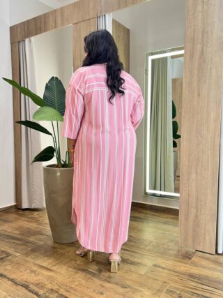 Vestido Midi sem Bojo Plus Manga Longa Listrado Rosa - Fernanda Ramos Store