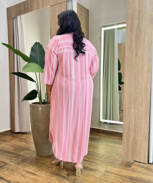 Vestido Midi sem Bojo Plus Manga Longa Listrado Rosa - Fernanda Ramos Store