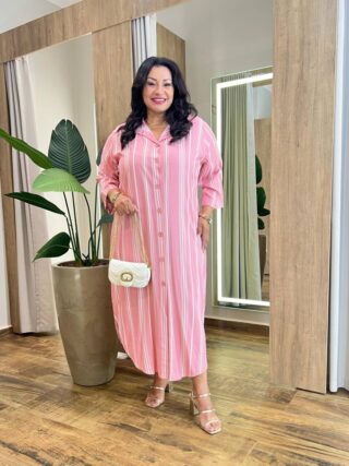 Vestido Midi sem Bojo Plus Manga Longa Listrado Rosa - Fernanda Ramos Store