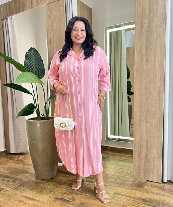 Vestido Midi sem Bojo Plus Manga Longa Listrado Rosa - Fernanda Ramos Store
