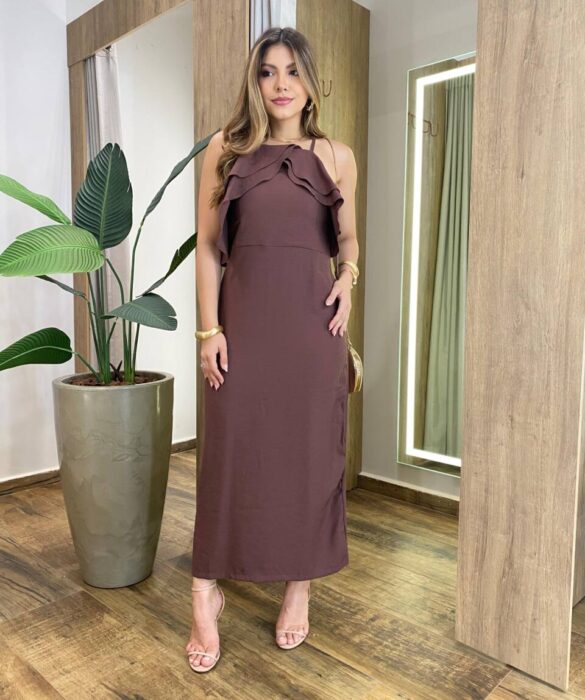 Vestido Zephyra sem Bojo Alça Fina Marrom - Fernanda Ramos Store