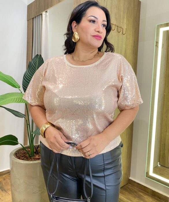 Blusa Cropped Feminino Plus Manga Curta sem Bojo Paetê Bege - Fernanda Ramos Store