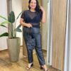 Blusa Feminina Manga Curta em Tule com Brilho Transparente Preta - Fernanda Ramos Store