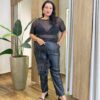 Blusa Feminina Manga Curta em Tule com Strass Transparente Preta - Fernanda Ramos Store