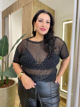 Blusa Feminina Manga Curta em Tule com Strass Transparente Preta - Fernanda Ramos Store