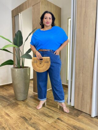 Blusa Feminina Manga Curta Modal Estela Plus Canelada Azul - Fernanda Ramos Store