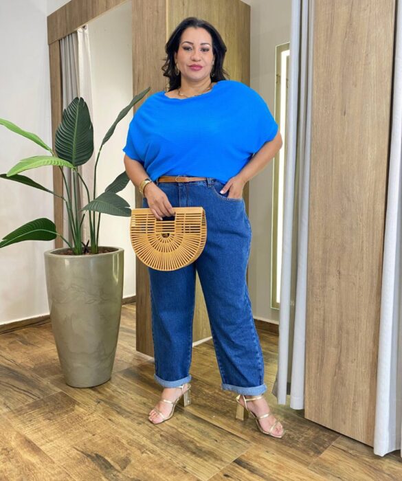 Blusa Feminina Manga Curta Modal Estela Plus Canelada Azul - Fernanda Ramos Store