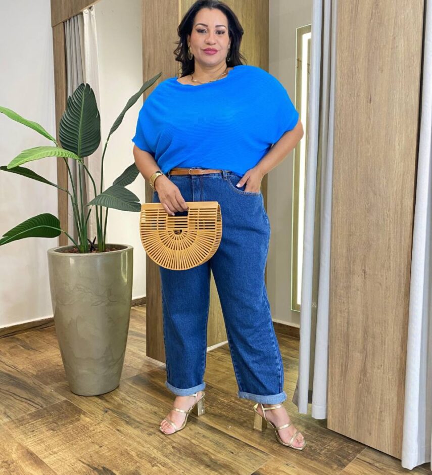 Blusa Feminina Manga Curta Modal Estela Plus Canelada Azul - Fernanda Ramos Store