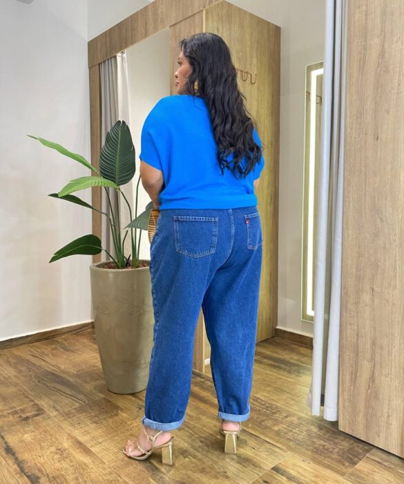 Blusa Feminina Manga Curta Modal Estela Plus Canelada Azul - Fernanda Ramos Store
