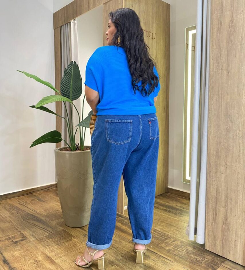 Blusa Feminina Manga Curta Modal Estela Plus Canelada Azul - Fernanda Ramos Store