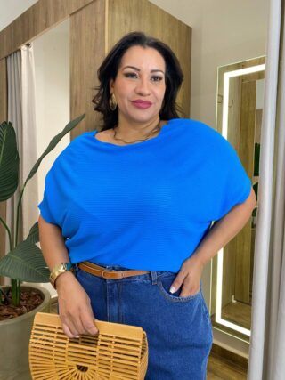 Blusa Feminina Manga Curta Modal Estela Plus Canelada Azul - Fernanda Ramos Store